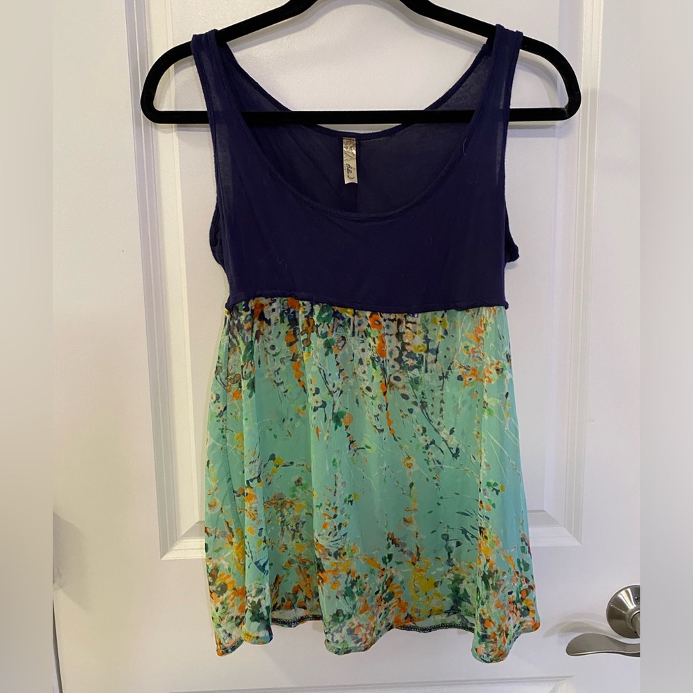 Women’s Juniors Navy Blue and Multi Semi-Sheer Blouse